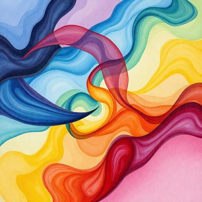 The primary subject of the image is a painting featuring a colorful, abstract design. The painting is set against a pink background, which adds a contrasting element to the overall composition. The visual style of the painting is a mix of digital art and illustration, creating a unique and vibrant appearance. The dominant colors in the painting are yellow, red, and blue, which contribute to a lively and energetic mood.